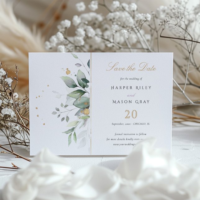 Elegant Greenery Gold Flecks Wedding Save the Date Invitation (Creator Uploaded)