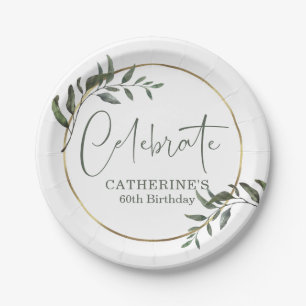 Elegant Greenery Gold Foil Celebrate Script Paper Plate