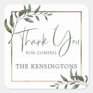 Elegant Greenery Gold Foil Script Thank You Square Sticker