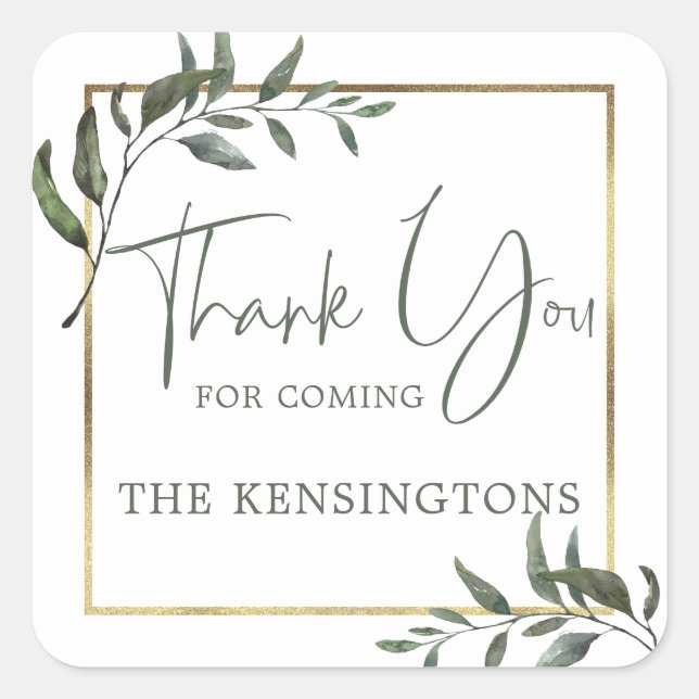 Elegant Greenery Gold Foil Script Thank You Square Sticker (Front)