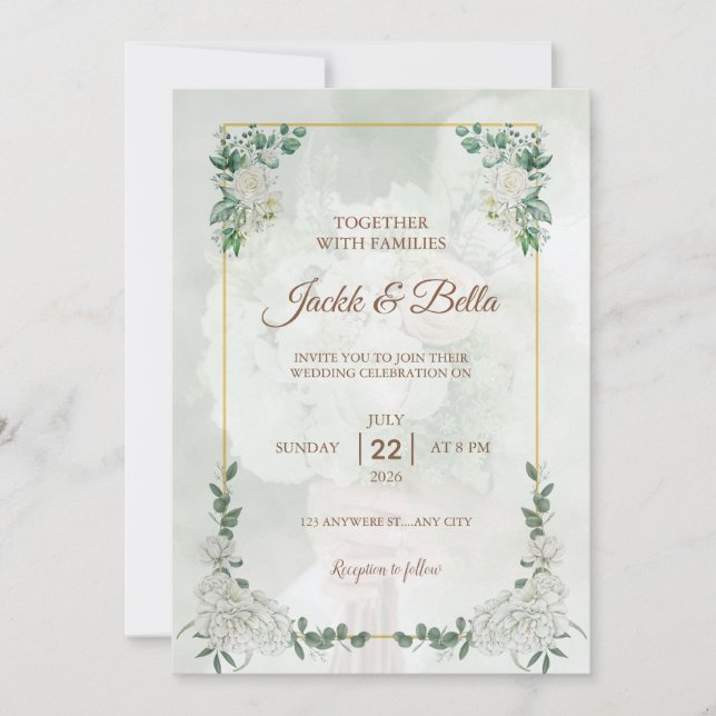 Elegant Greenery Gold Frame Wedding Invitation (Front)
