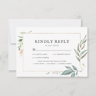 Elegant Greenery Gold Frame Wedding RSVP w/Meal Card