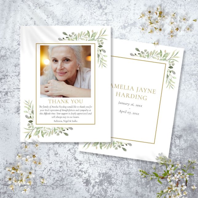 Elegant Greenery Gold Funeral Photo Thank You Card (Elegant Greenery Gold Funeral Photo Thank You Card)