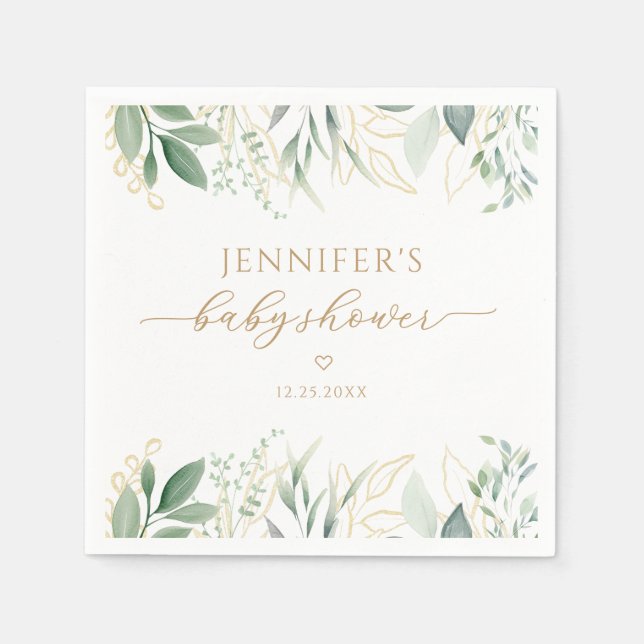 Elegant Greenery Gold Gender Neutral Baby Shower Napkin (Front)
