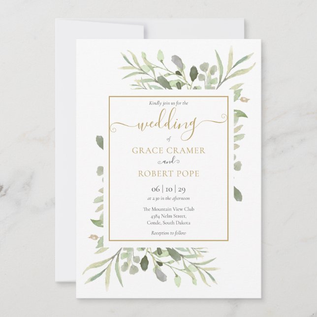 Elegant Greenery Gold Geometric Script Wedding Invitation (Front)