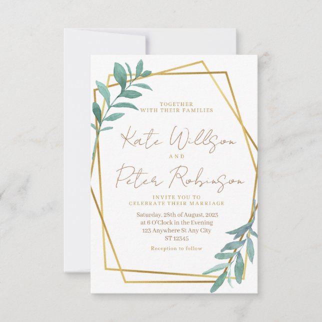 Elegant Greenery Gold Geometric Wedding Invitation (Front)