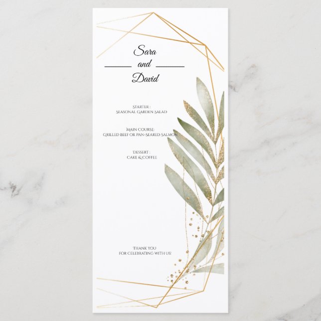 Elegant Greenery Gold Geometric Wedding Menu Card (Front)