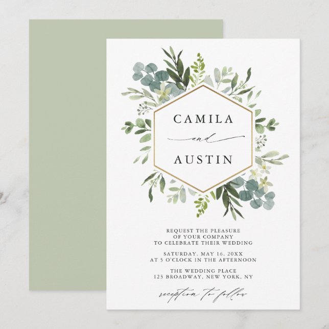Elegant Greenery Gold Hexagon Wedding Invitation (Front/Back)