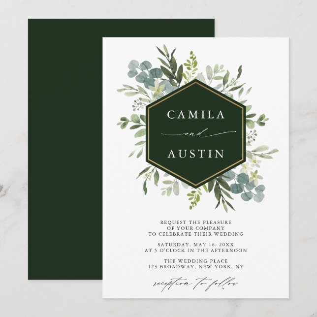 Elegant Greenery Gold Hexagon Wedding  Invitation (Front/Back)