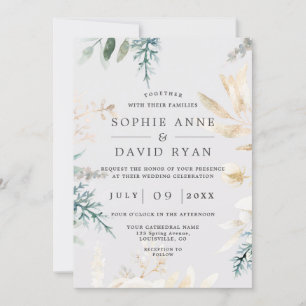 Elegant Greenery Gold Leafy All In One Wedding Invitation