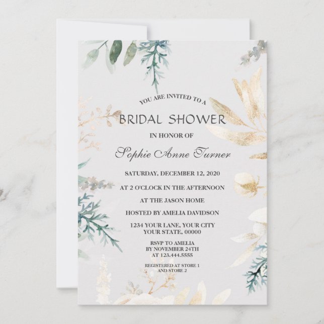 Elegant Greenery Gold Leaves Bridal Shower Invitation (Front)