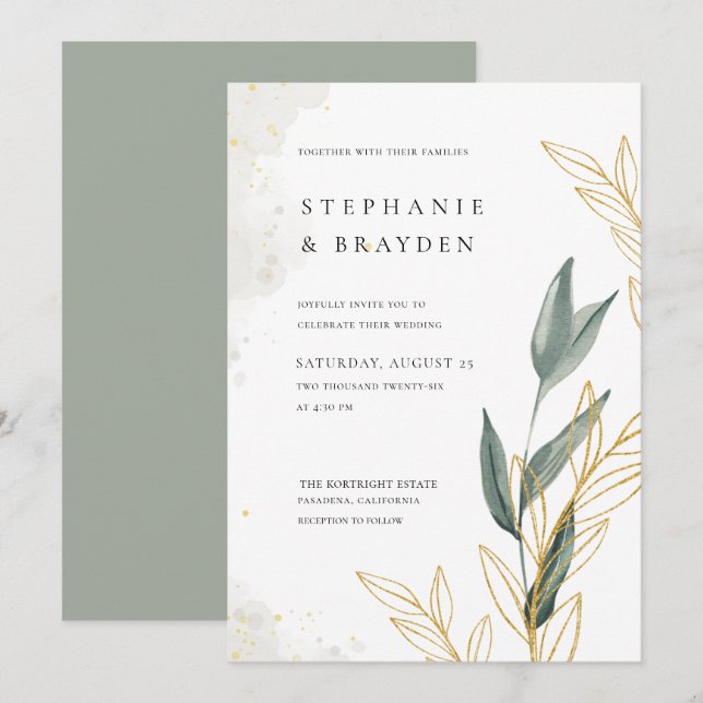 Elegant Greenery & Gold Leaves Watercolour Wedding Invitation (Front/Back)