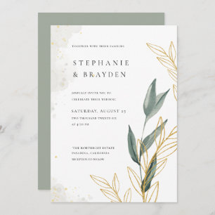 Elegant Greenery & Gold Leaves Watercolour Wedding Invitation