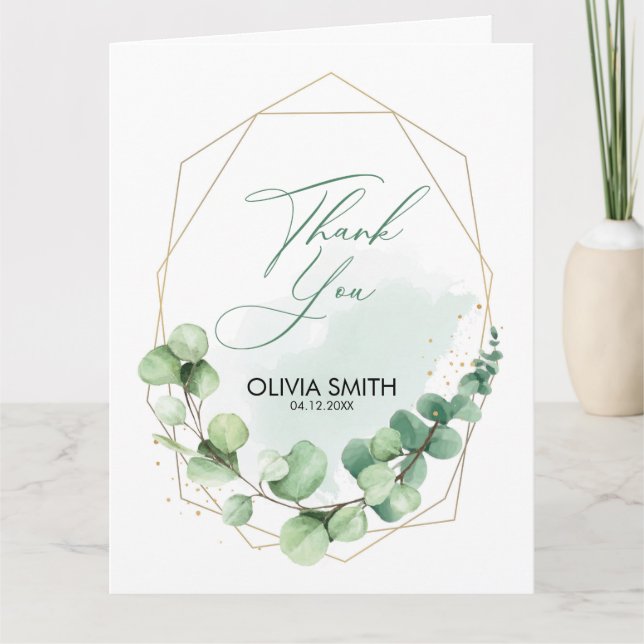 Elegant greenery gold lines eucalyptus wedding tha thank you card (Front)