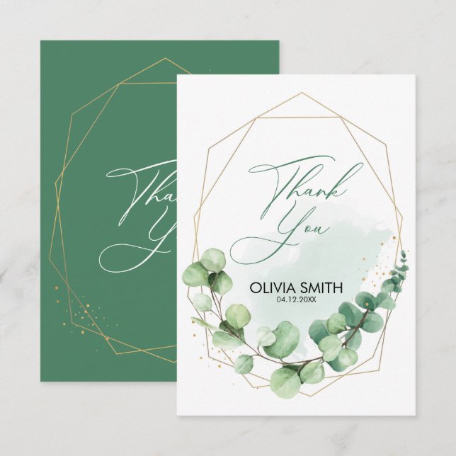 Elegant greenery gold lines eucalyptus wedding thank you card (Front/Back)