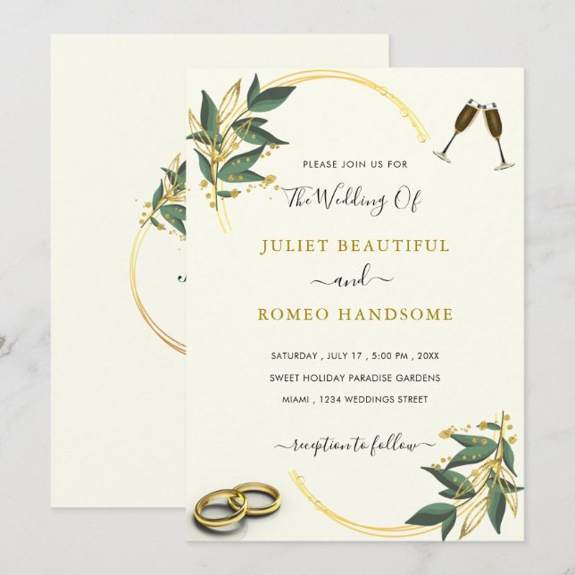 Elegant Greenery Gold Luxury Wedding Invitation  (Front/Back)