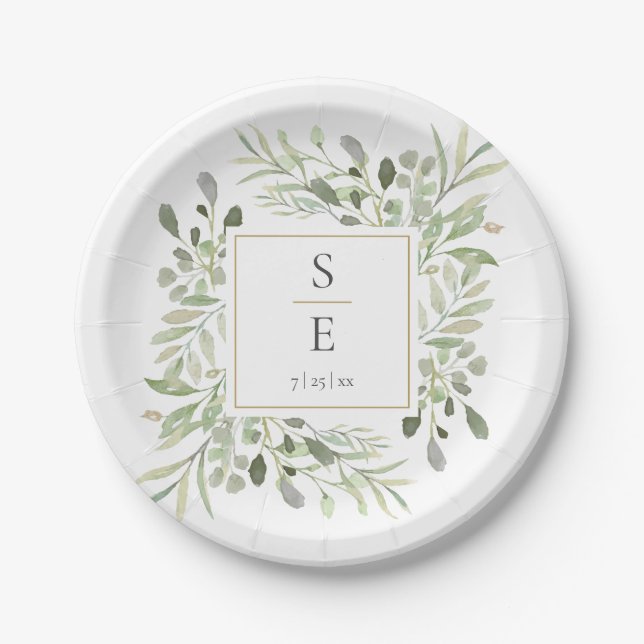 Elegant Greenery Gold Monogram Initials Wedding Paper Plate (Front)