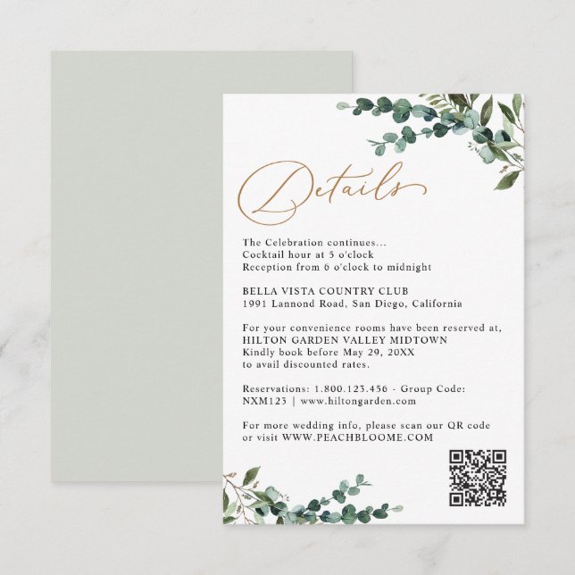 Elegant Greenery Gold QR Code Wedding Details Enclosure Card (Front/Back)