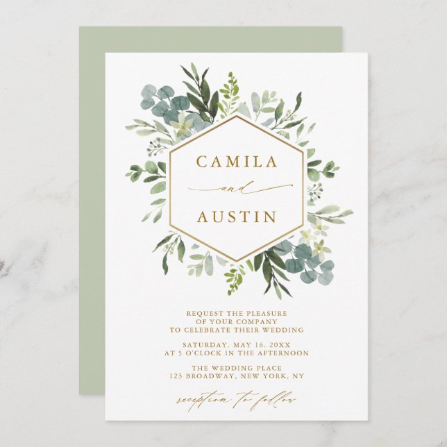 Elegant Greenery Gold Script Hexagon Wedding  Invitation (Front/Back)