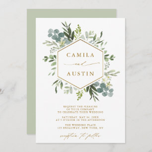 Elegant Greenery Gold Script Hexagon Wedding Invitation