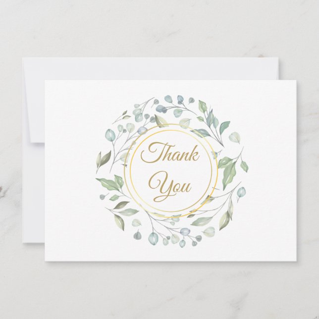 Elegant Greenery Gold Script Thank You Card (Front)