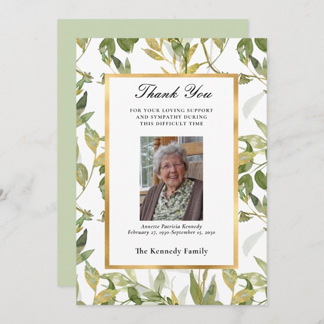 Elegant Greenery Gold Sympathy Thank You Card (Front/Back)