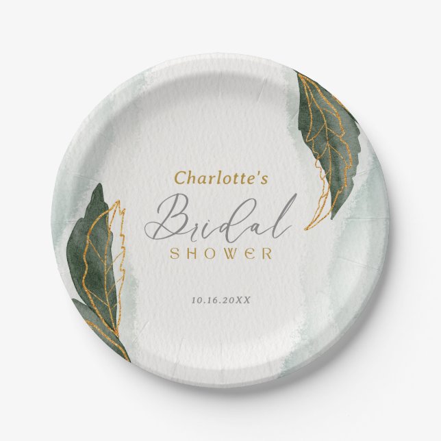 Elegant Greenery Gold Watercolor Bridal Shower Paper Plate (Front)