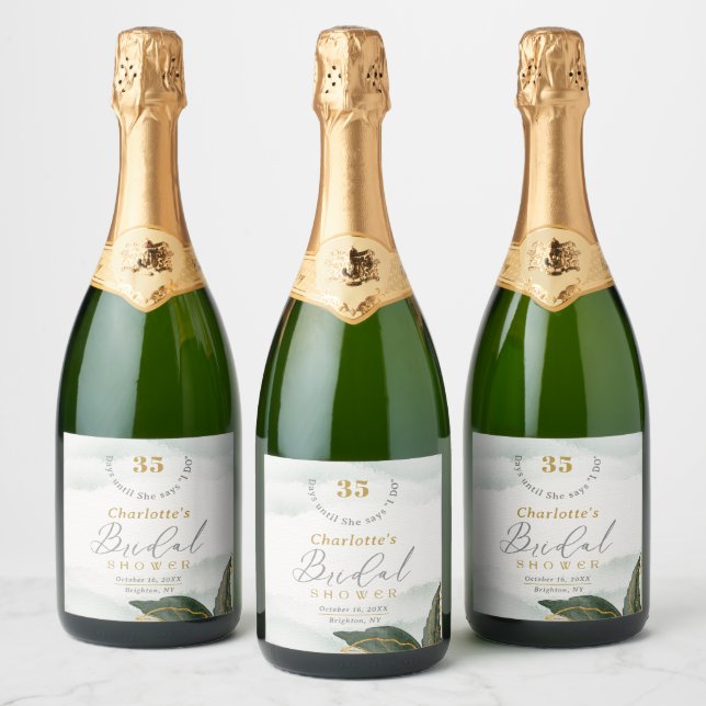 Elegant Greenery Gold Watercolor Bridal Shower Sparkling Wine Label (Bottles)