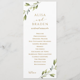 Elegant Greenery & Gold Watercolor Foliage Wedding Programme