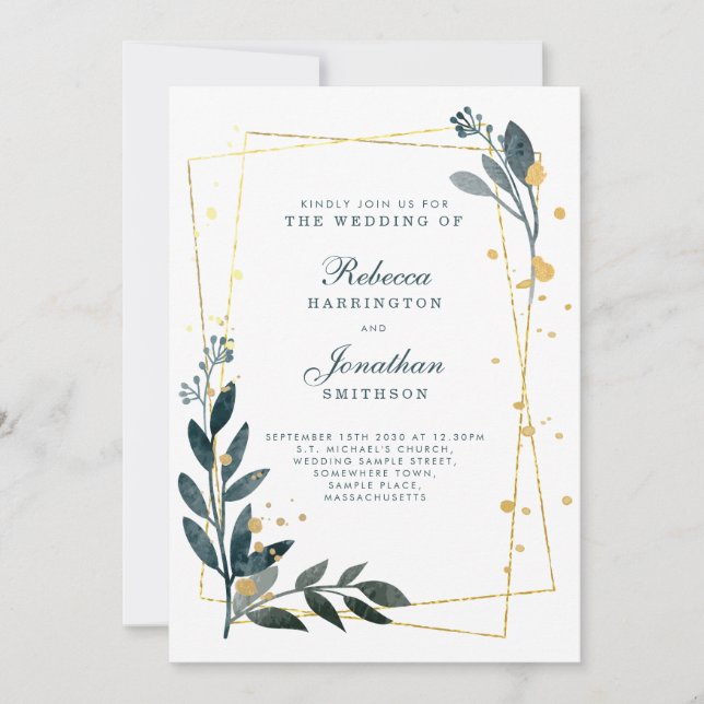 Elegant Greenery Gold Wedding RSVP Invitation (Front)