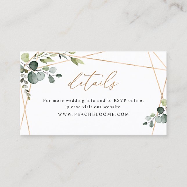 Elegant Greenery Gold Wedding Website Details Card (Front)