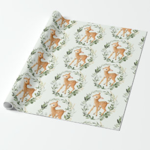 Elegant Greenery Gold Woodland Deer Baby Fawn Wrapping Paper