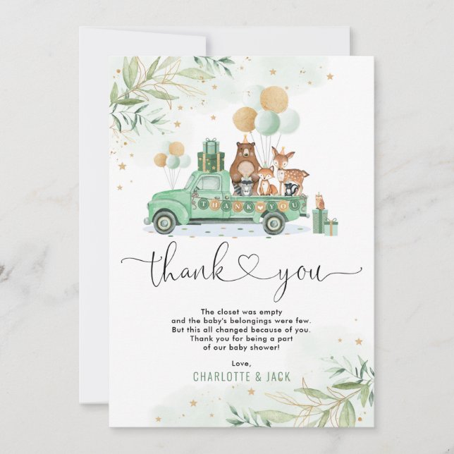 Elegant Greenery Gold Woodland Forest Baby Animals Thank You Card (Front)
