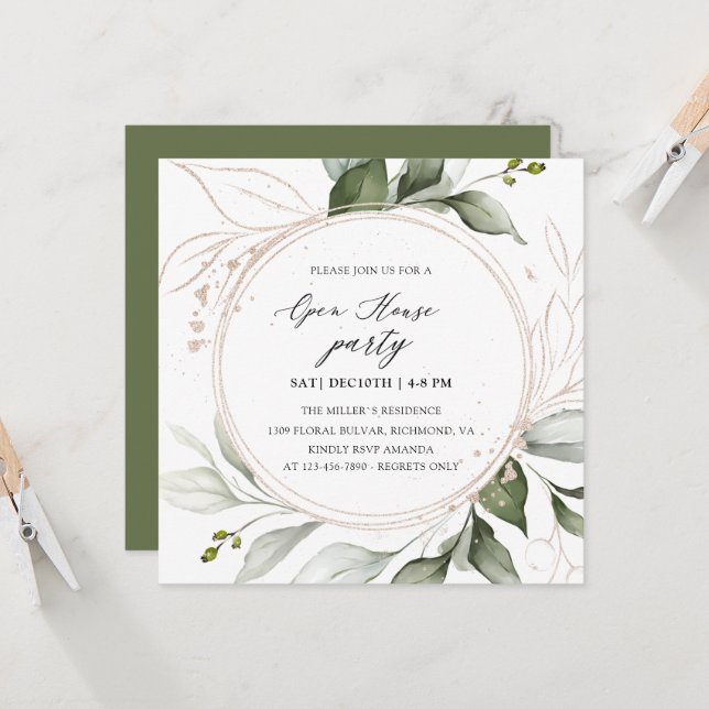 Elegant Greenery Golden Holiday Open House  Invitation (Front/Back In Situ)
