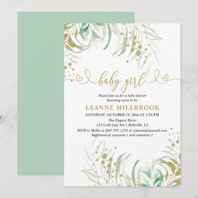 Elegant Greenery Green and Gold Girl Baby Shower Invitation (Front/Back)