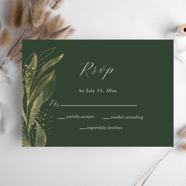 Elegant Greenery Green and Gold Wedding RSVP Card (Creator Uploaded)