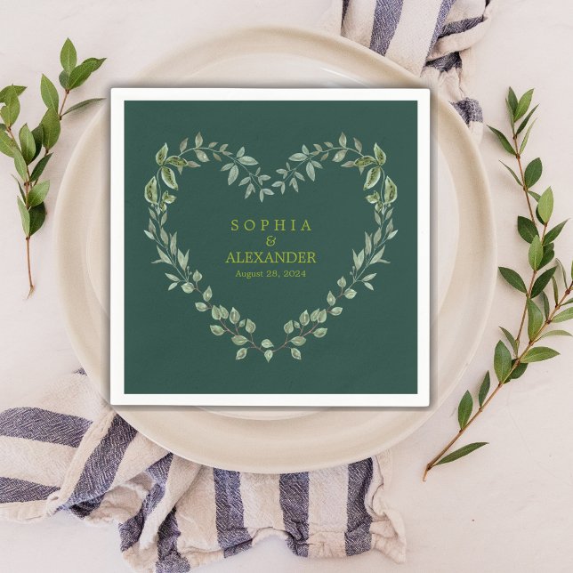 Elegant Greenery Heart Wedding Personalised Napkin (Elegant Greenery Heart Wedding Personalized Emerald Green Napkins)
