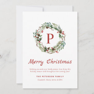 Elegant Greenery Holly Berry Monogram Wreath  Holiday Card