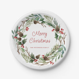 Elegant Greenery Holly Berry Wreath Script Paper Plate