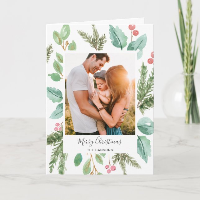 Elegant Greenery Holly Photo Merry Christmas Holiday Card (Front)