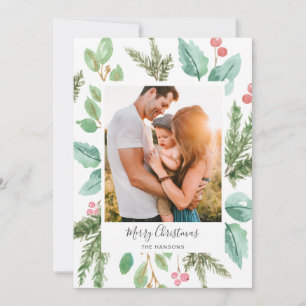 Elegant Greenery Holly Photo Merry Christmas Holiday Card