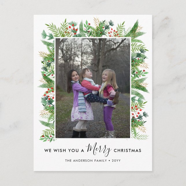 Elegant Greenery Holly Pines Merry Christmas Photo Holiday Postcard (Front)