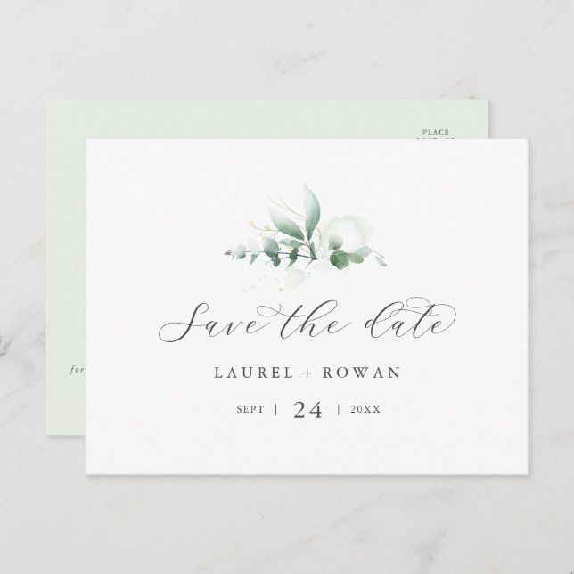Elegant Greenery Horizontal Save the Date Postcard (Front/Back)