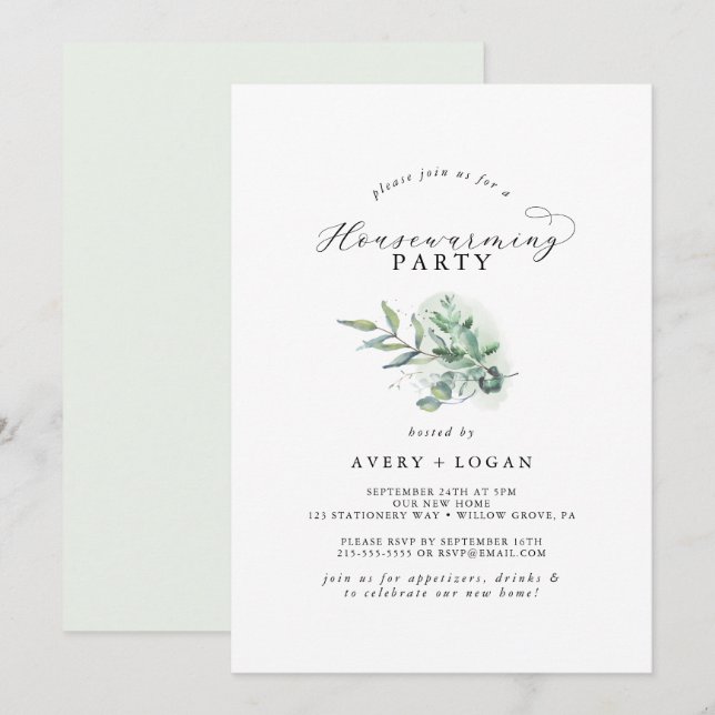 Elegant Greenery Housewarming Party Invitation (Front/Back)