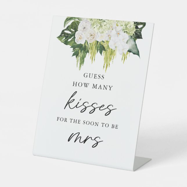 Elegant Greenery How Many Kisses Bridal Game Pedestal Sign (Front)
