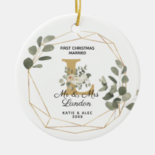 Elegant Greenery Initial 1st Christmas Married Ceramic Tree Decoration