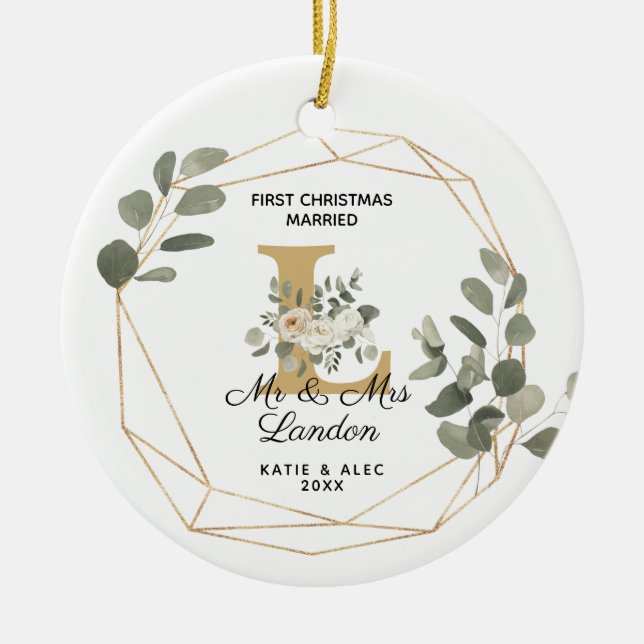 Elegant Greenery Initial 1st Christmas Married Ceramic Tree Decoration (Front)