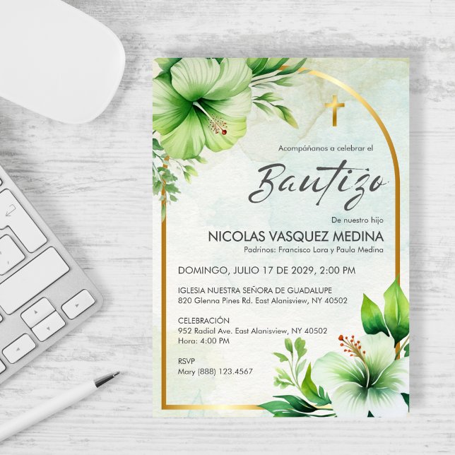 Elegant Greenery Invitacion Bautizo Cute Baptism Invitation (Creator Uploaded)
