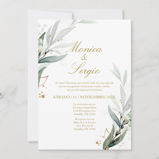 Elegant greenery Invitation in Spanish (Front)