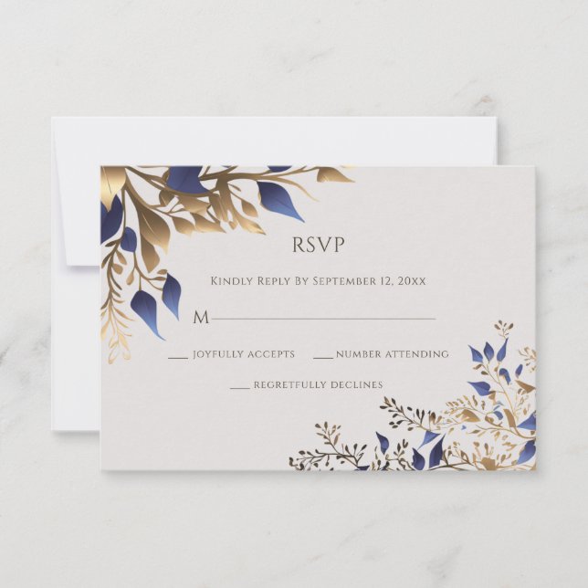 Elegant Greenery Leaf Blue Gold Wedding RSVP Card (Front)
